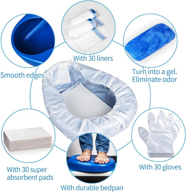 Bedpan Set with 30 Disposable Liners, Super Absorbent Pads and Gloves - Image 2